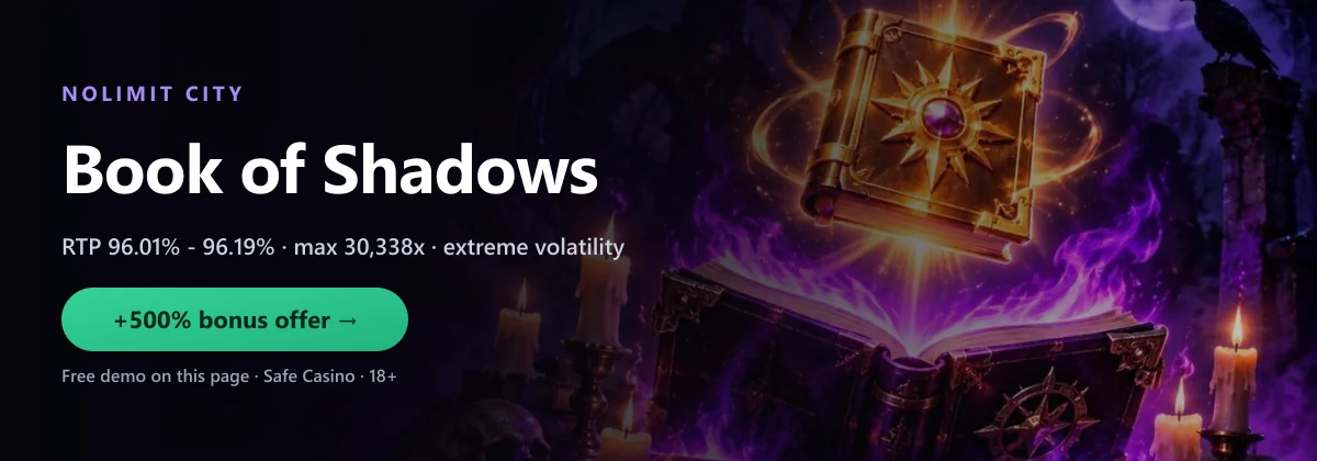 Book of Shadows by Nolimit City — RTP 96.01% - 96.19%, play the free demo or for real